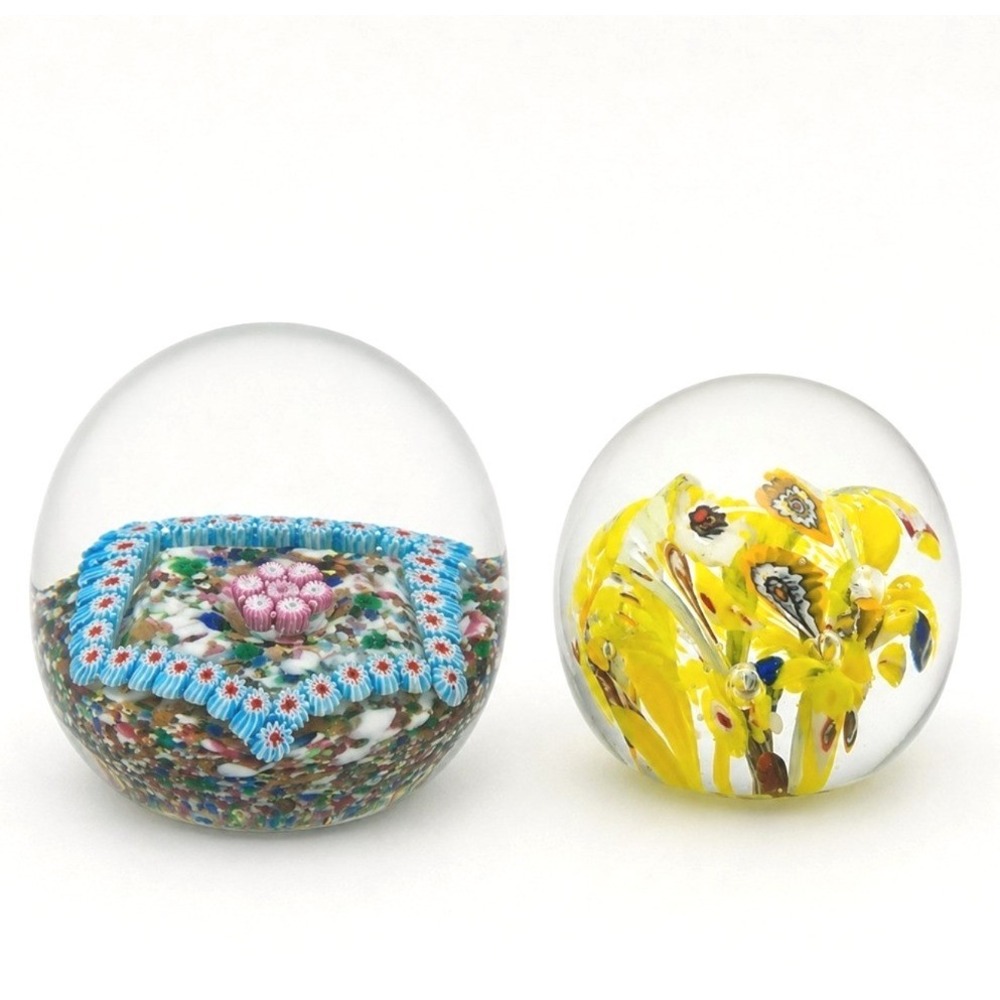 2 Paperweight Millefiori Floral and Abstract Art Glass Decor Multicolor 3"
